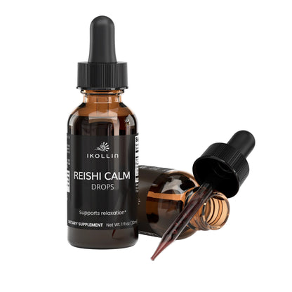Open IKOLLIN Reishi Calm Drops bottle with dropper
