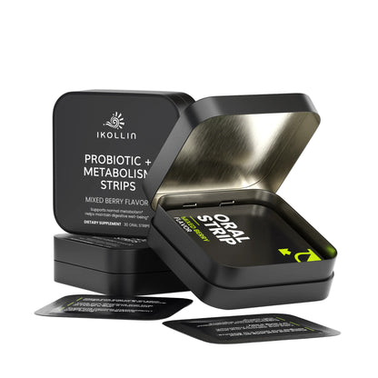
IKOLLIN Probiotic + Metabolism Strips open tin showing oral strip packet inside, with two loose black packets in front, light gray background

