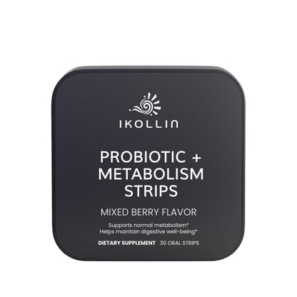 KOLLIN Probiotic + Metabolism Strips – black square metal tin, Mixed Berry Flavor, 30 oral strips, front view, light gray background