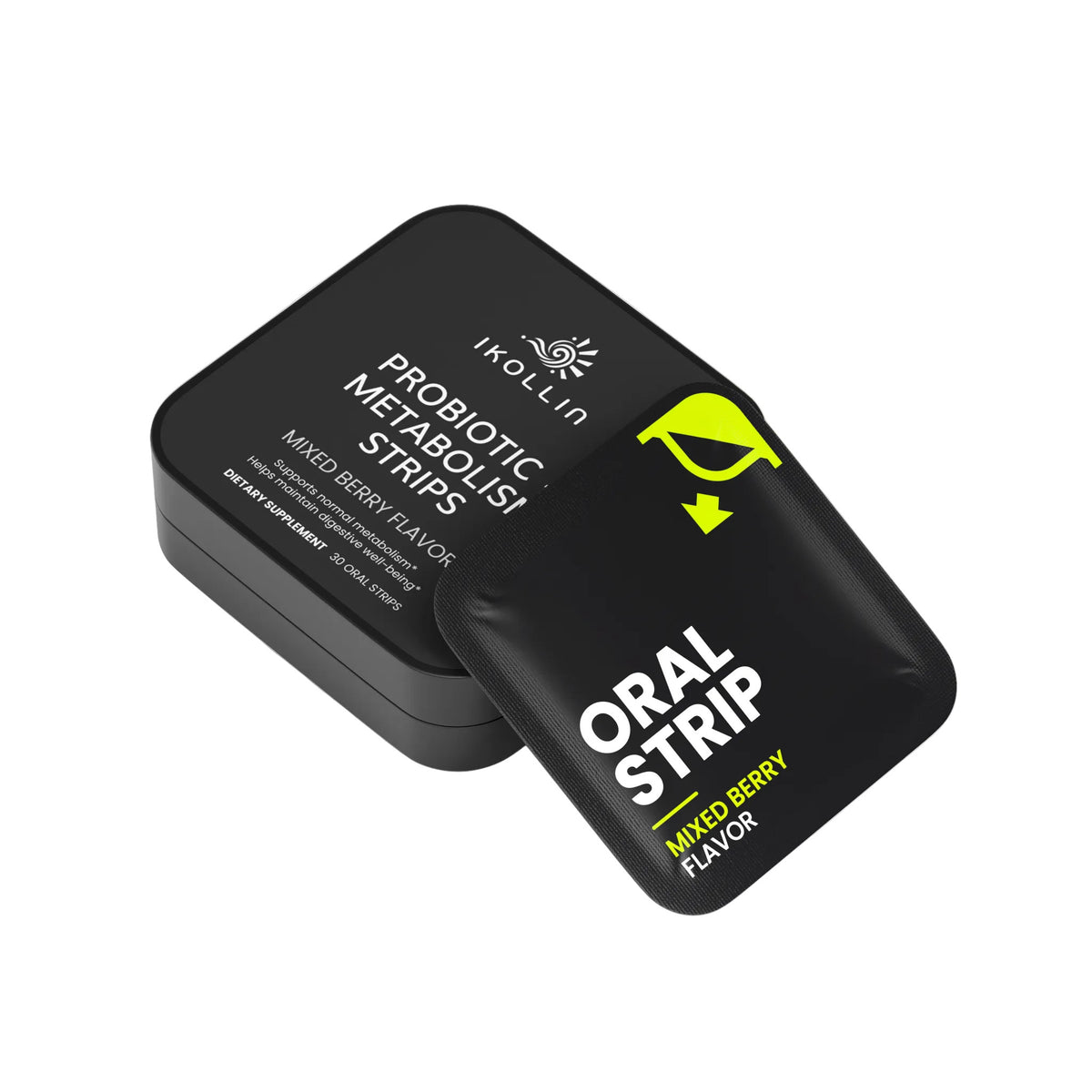  IKOLLIN Probiotic + Metabolism Strips black tin with individual black oral strip packet leaning against it, Mixed Berry Flavor, light gray background
