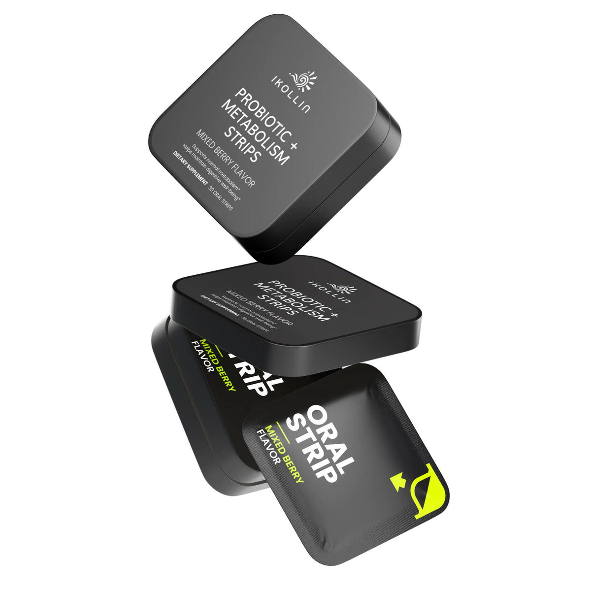  Three IKOLLIN Probiotic + Metabolism Strips tins and oral strip packets floating at different angles, black square metal tin, light gray background
