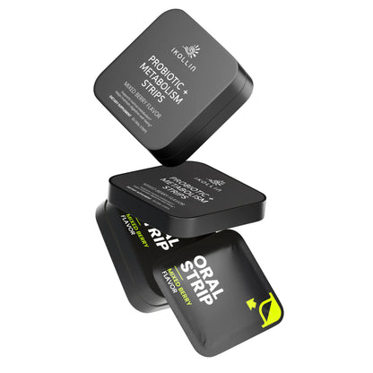  Three IKOLLIN Probiotic + Metabolism Strips tins and oral strip packets floating at different angles, black square metal tin, light gray background