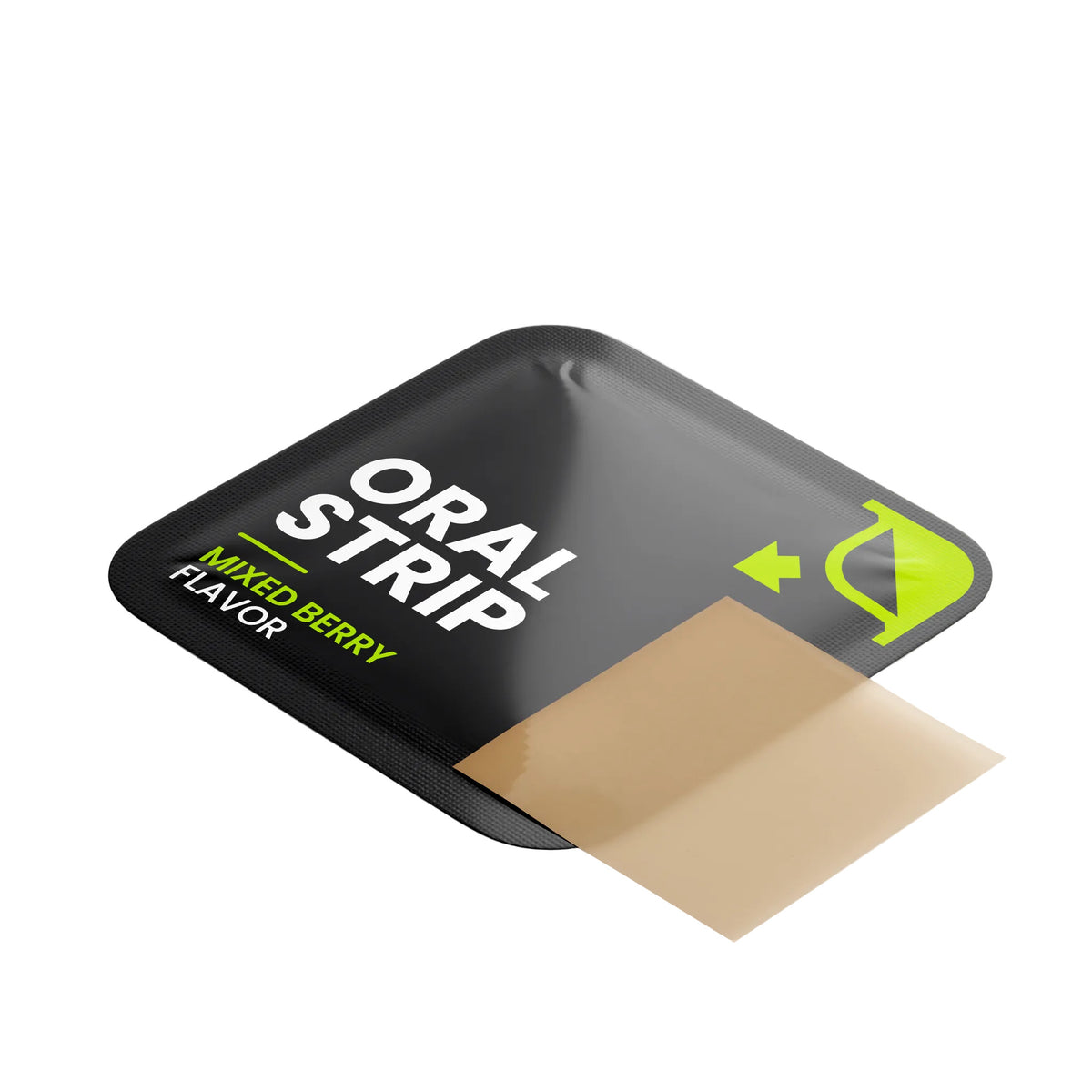 
IKOLLIN Probiotic + Metabolism Strips open black packet with beige dissolvable oral strip partially visible, Mixed Berry Flavor, white background
