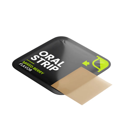 
IKOLLIN Probiotic + Metabolism Strips open black packet with beige dissolvable oral strip partially visible, Mixed Berry Flavor, white background