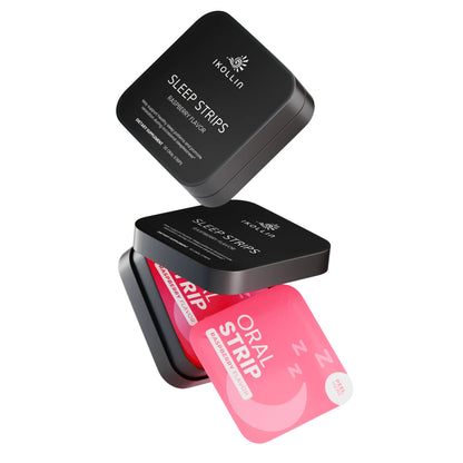 IKOLLIN Sleep Strips packages and pink oral strips arranged on a white background