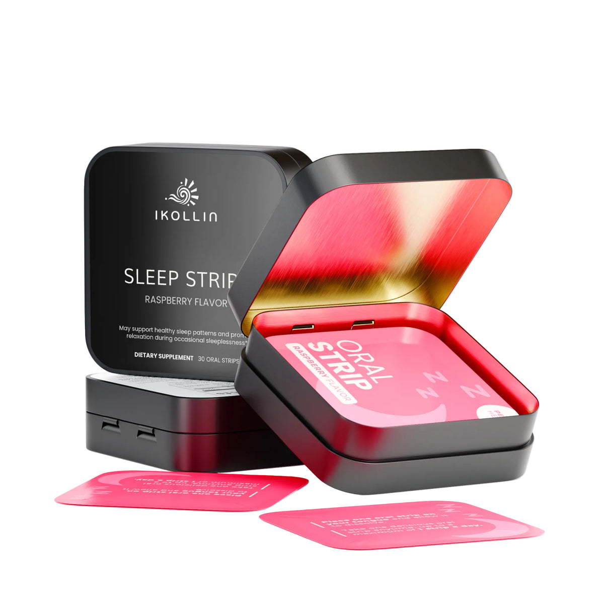 Open IKOLLIN Sleep Strips package with a pink oral strip visible