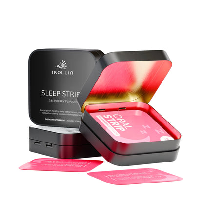 Open IKOLLIN Sleep Strips package with a pink oral strip visible