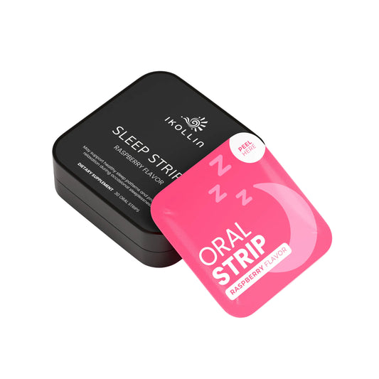 Open IKOLLIN Sleep Strips package with a pink oral strip visible