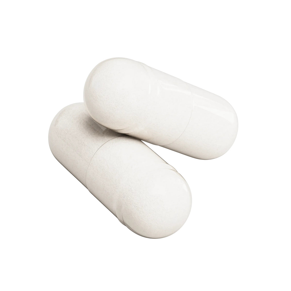 Two white IKOLLIN Magnesium Glycinate vegetable capsules crossed over each other, close-up, white background