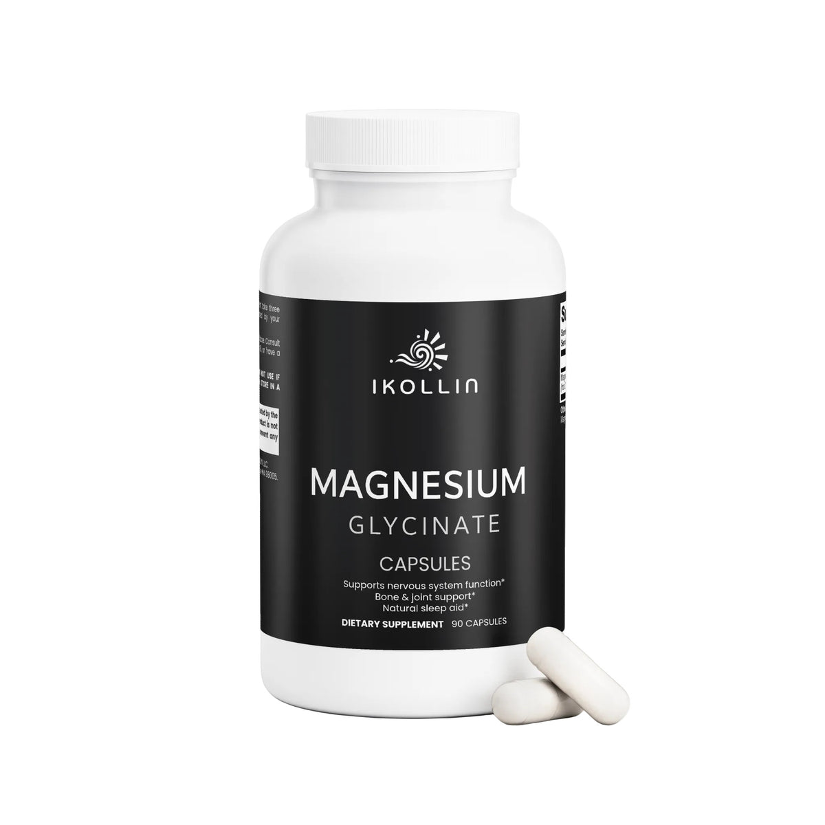 IKOLLIN Magnesium Glycinate Capsules white bottle with two white capsules in front, supports sleep and bone health, white background

