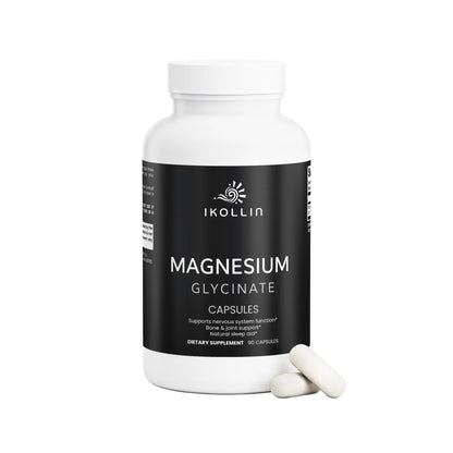 IKOLLIN Magnesium Glycinate Capsules white bottle with two white capsules in front, supports sleep and bone health, white background

