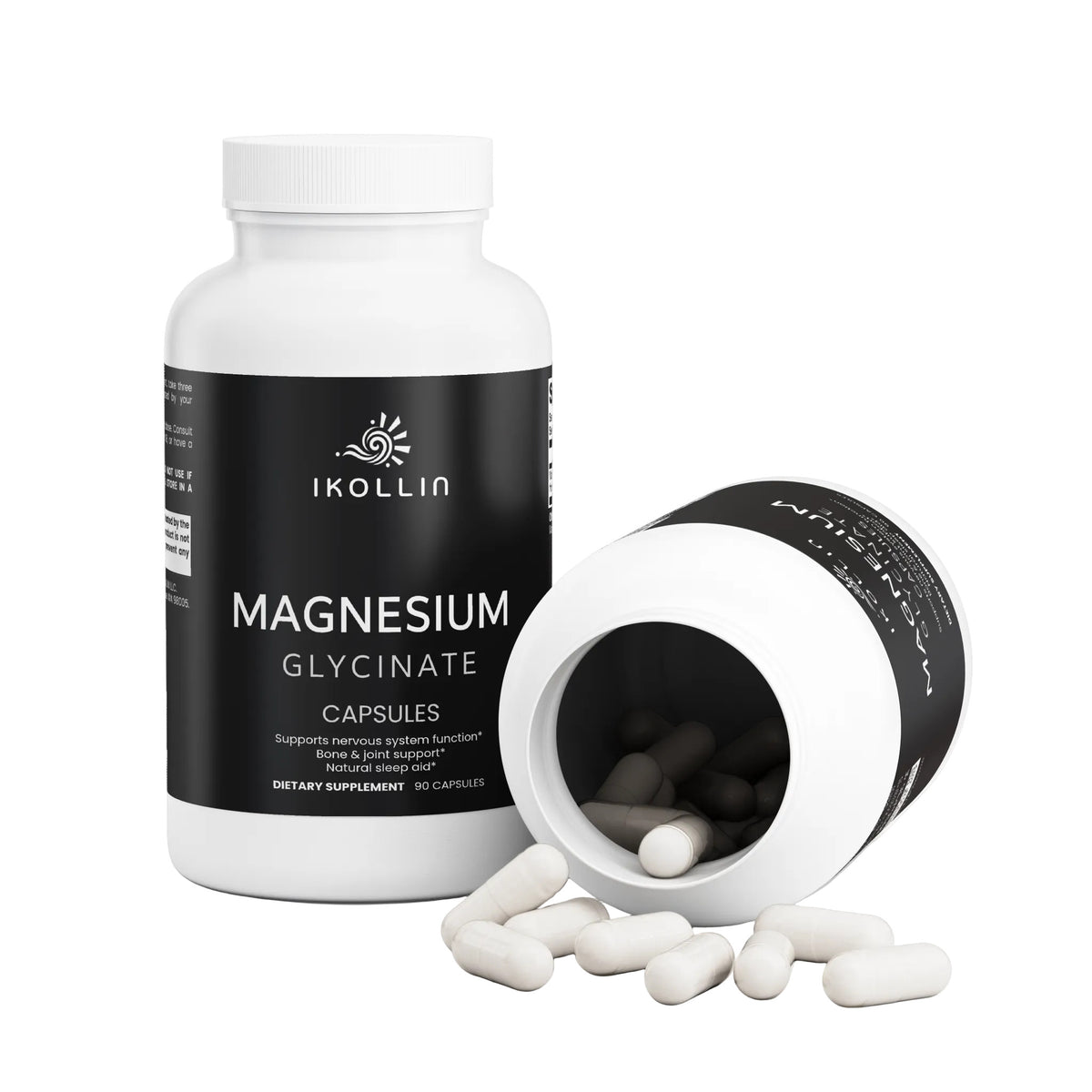 IKOLLIN Magnesium Glycinate Capsules – white bottle upright next to bottle on its side with white capsules spilling out, white background