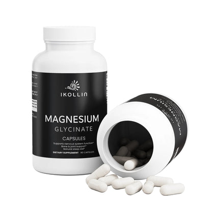 IKOLLIN Magnesium Glycinate Capsules – white bottle upright next to bottle on its side with white capsules spilling out, white background