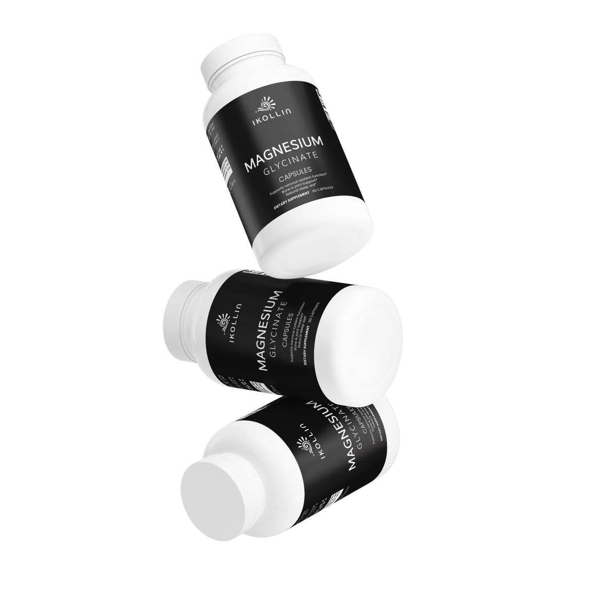 Three IKOLLIN Magnesium Glycinate Capsules bottles floating stacked at different angles, white bottles with black labels, white background 