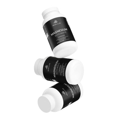 Three IKOLLIN Magnesium Glycinate Capsules bottles floating stacked at different angles, white bottles with black labels, white background 