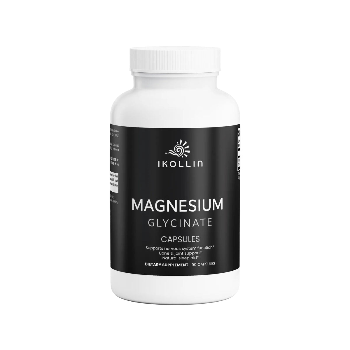  IKOLLIN Magnesium Glycinate Capsules – white bottle with black label, 90 capsules, supports nervous system function, bone & joint support, natural sleep aid, front view, white background