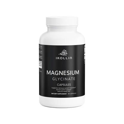  IKOLLIN Magnesium Glycinate Capsules – white bottle with black label, 90 capsules, supports nervous system function, bone & joint support, natural sleep aid, front view, white background