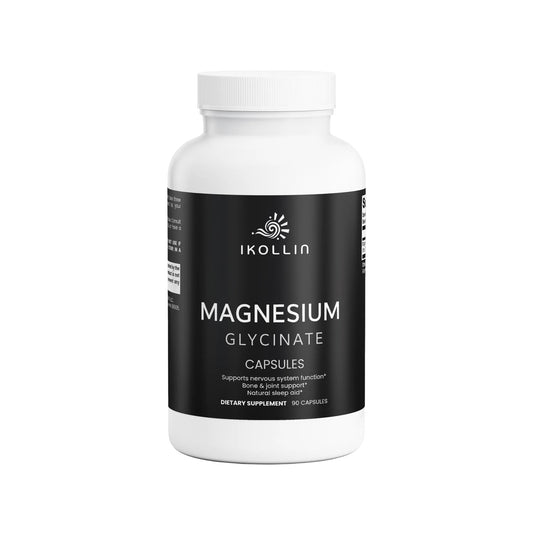  IKOLLIN Magnesium Glycinate Capsules – white bottle with black label, 90 capsules, supports nervous system function, bone & joint support, natural sleep aid, front view, white background