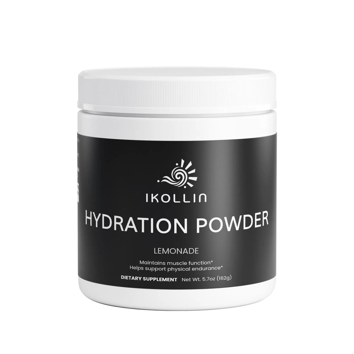 IKOLLIN Hydration Powder Lemonade – white jar with black label, electrolyte dietary supplement, 5.7oz / 162g, front view, white background 