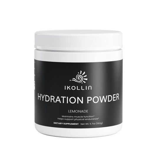 IKOLLIN Hydration Powder Lemonade – white jar with black label, electrolyte dietary supplement, 5.7oz / 162g, front view, white background 