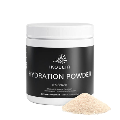 IKOLLIN Hydration Powder Lemonade jar with a pile of lemonade electrolyte powder in front, white background