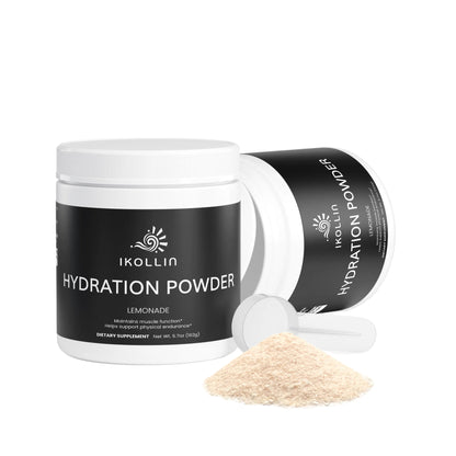 Two IKOLLIN Hydration Powder Lemonade jars – one upright and one tilted with measuring scoop and powder spilling out, white background