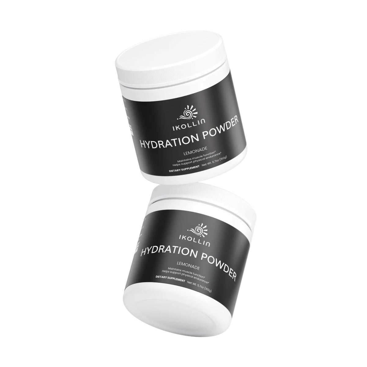 Two IKOLLIN Hydration Powder Lemonade jars floating at different angles, black label, white background

