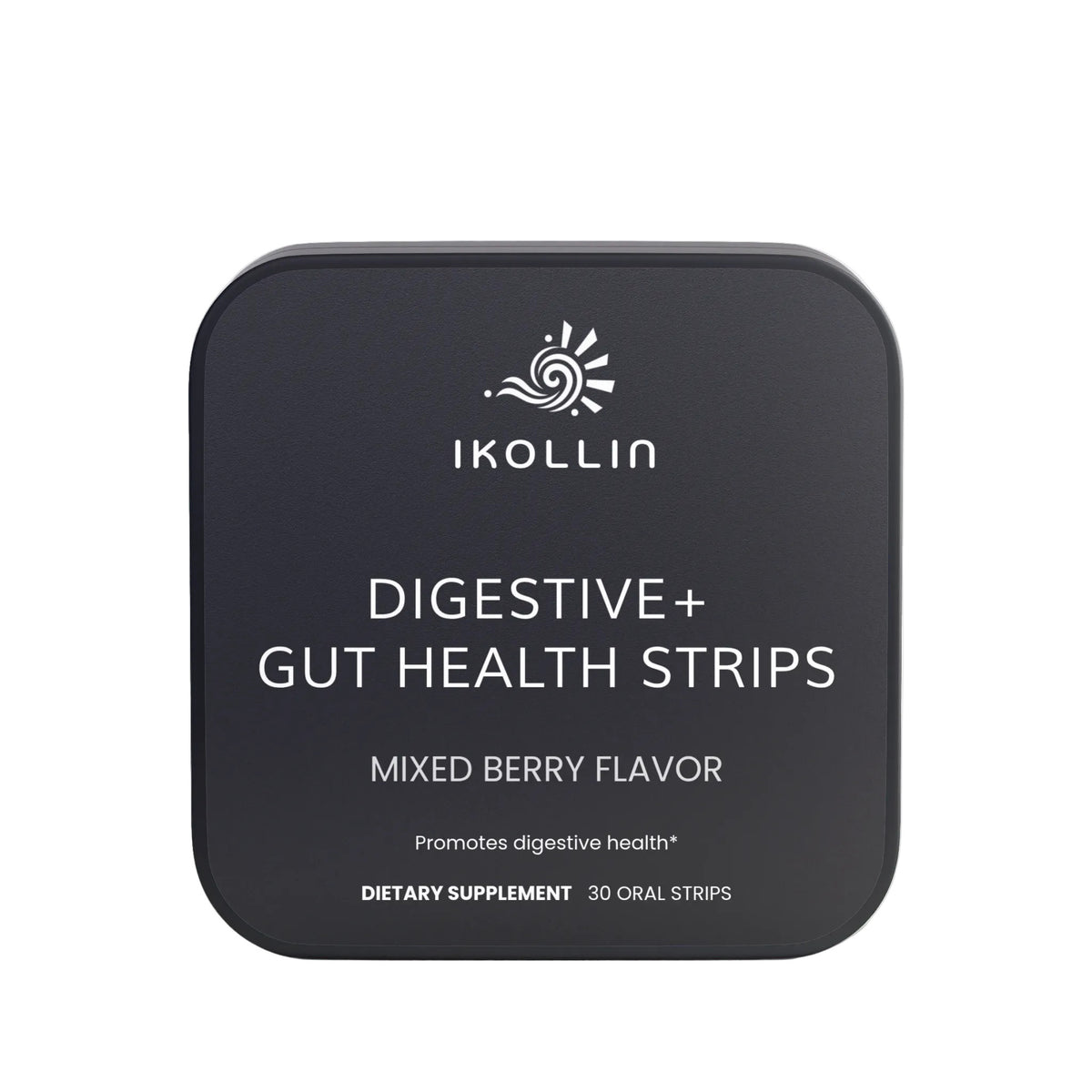 IKOLLIN Digestive + Gut Health Strips – black metal tin, Mixed Berry Flavor, 30 oral strips, front view, white background