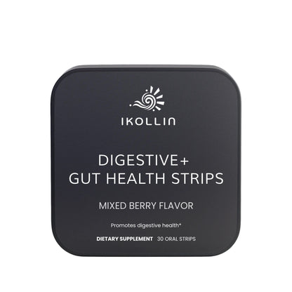 IKOLLIN Digestive + Gut Health Strips – black metal tin, Mixed Berry Flavor, 30 oral strips, front view, white background