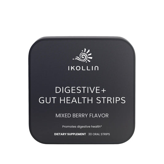IKOLLIN Digestive + Gut Health Strips – black metal tin, Mixed Berry Flavor, 30 oral strips, front view, white background
