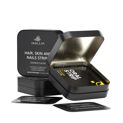  IKOLLIN Hair, Skin and Nails Strips tins and Orange Flavor oral strip packets floating at different angles, white background