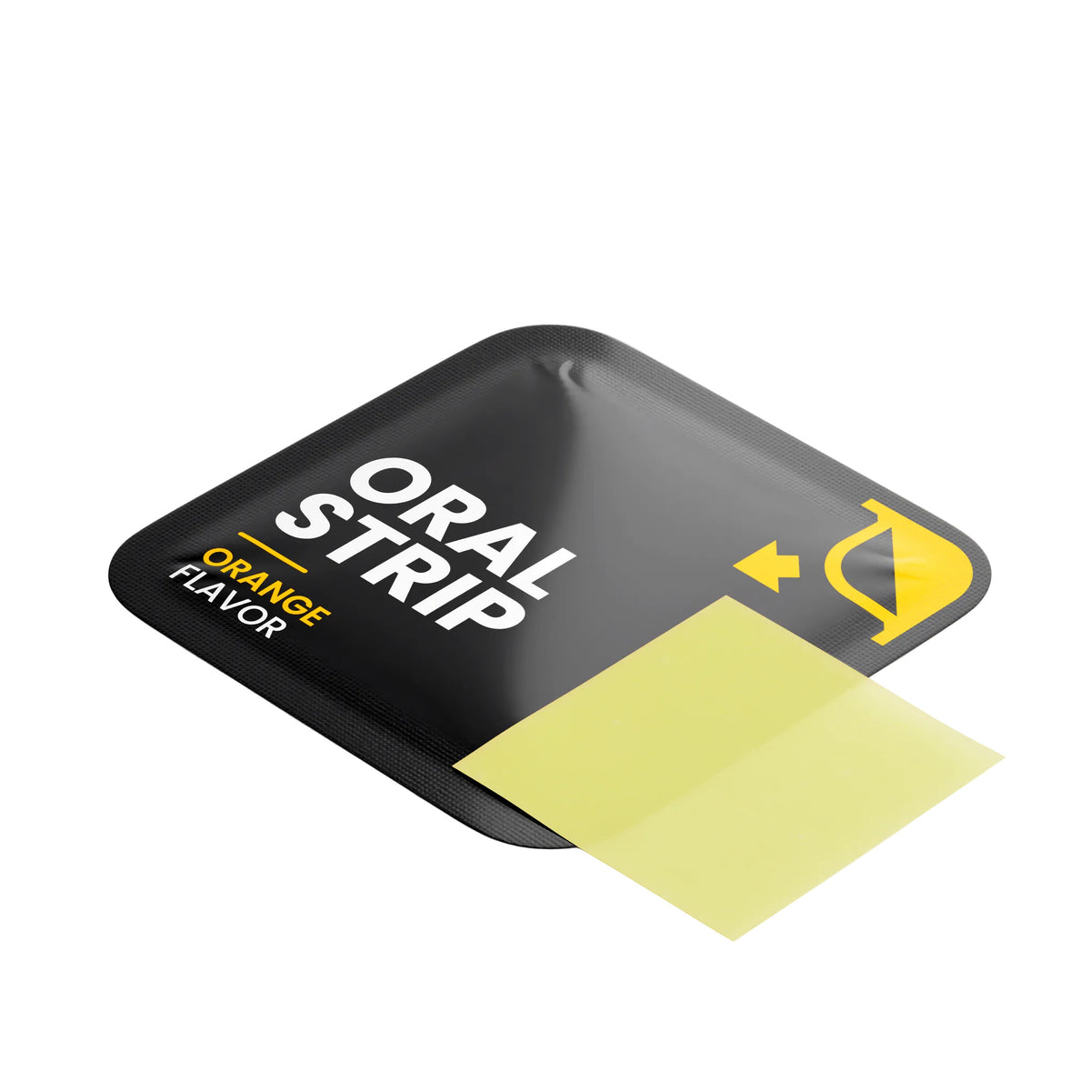 IKOLLIN Hair, Skin and Nails Strips open black packet with yellow dissolvable oral strip partially visible, Orange Flavor, white background

