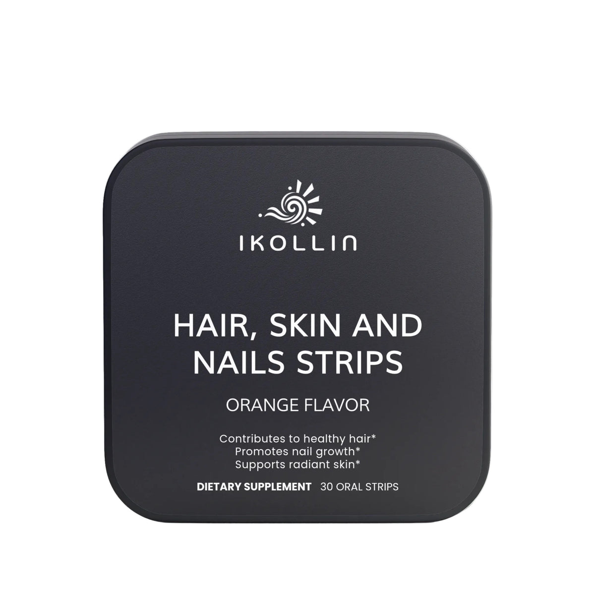 IKOLLIN Hair, Skin and Nails Strips – black metal tin, Orange Flavor, 30 oral strips, front view, white background

