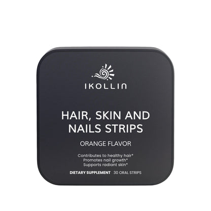 IKOLLIN Hair, Skin and Nails Strips – black metal tin, Orange Flavor, 30 oral strips, front view, white background


