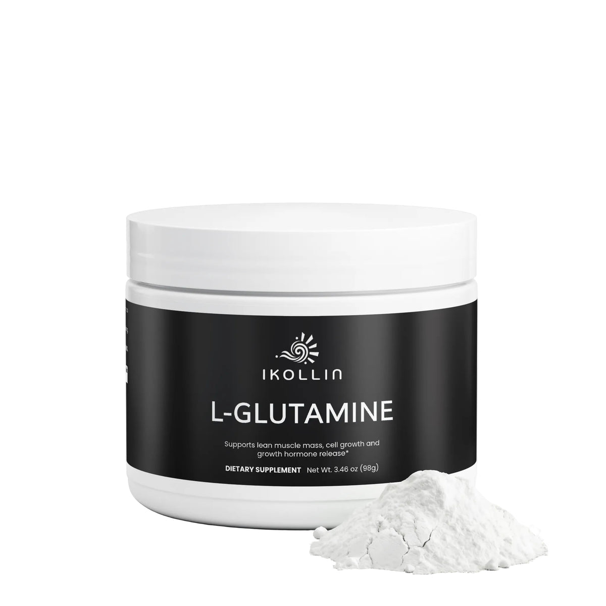 A white plastic jar of IKOLLIN L-GLUTAMINE dietary supplement with a black label, shown on a white background with a small pile of white powder in front.