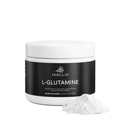 A white plastic jar of IKOLLIN L-GLUTAMINE dietary supplement with a black label, shown on a white background with a small pile of white powder in front.
