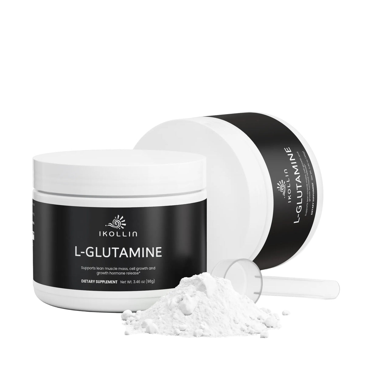 L-Glutamine supplement container with scoop and powder on a white background