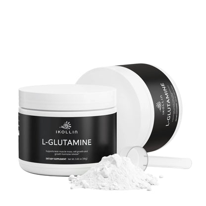 L-Glutamine supplement container with scoop and powder on a white background