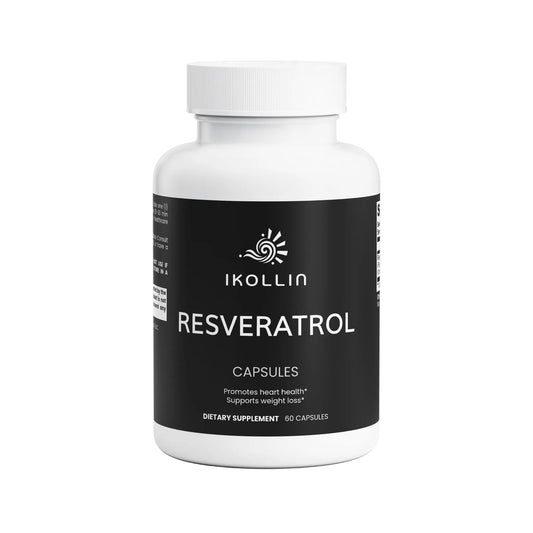 IKOLLIN Resveratrol Capsules – 60 capsules white bottle with black label, front view, white background