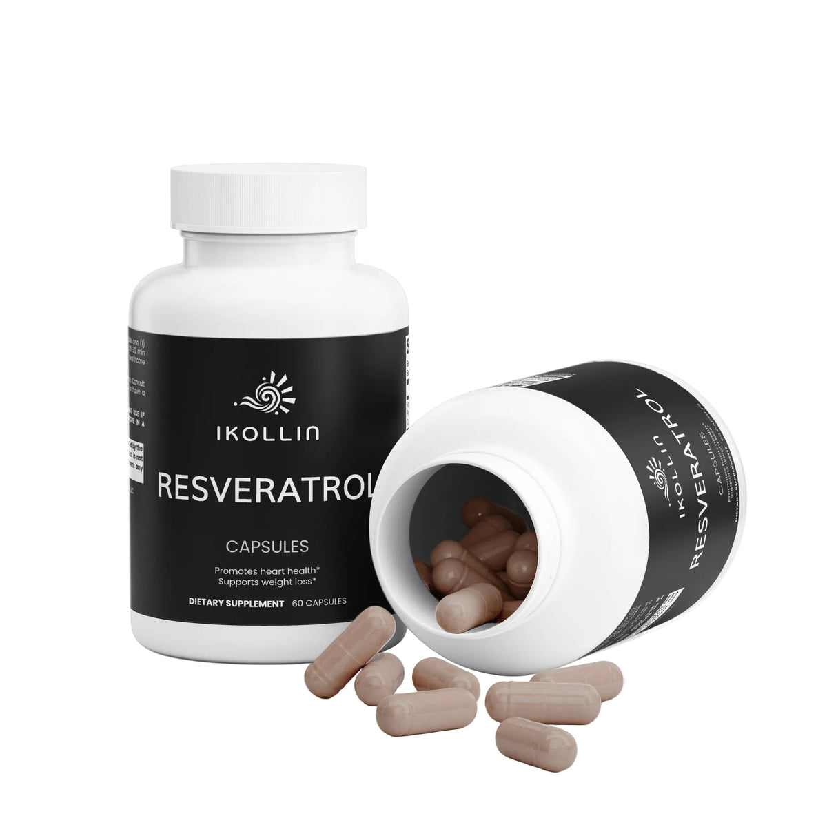 IKOLLIN Resveratrol Capsules bottles – one upright and one on its side with brown capsules spilling out, white background