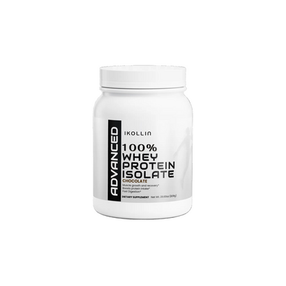 IKOLLIN Advanced 100% Whey Protein Isolate Chocolate – white jar with black label, 22g protein, 29.60oz / 839g, front view, light gray background
