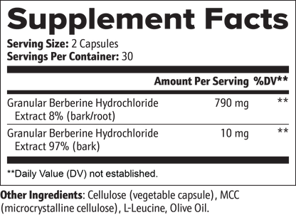 Berberine Supplement Facts – serving size 2 capsules, 30 servings, Granular Berberine HCl Extract 8% bark/root 790mg, Granular Berberine HCl Extract 97% bark 10mg. No allergens declared.

