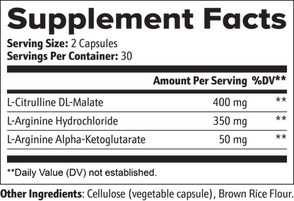 Nitric Oxide Supplement Facts panel – L-Citrulline, L-Arginine per serving"