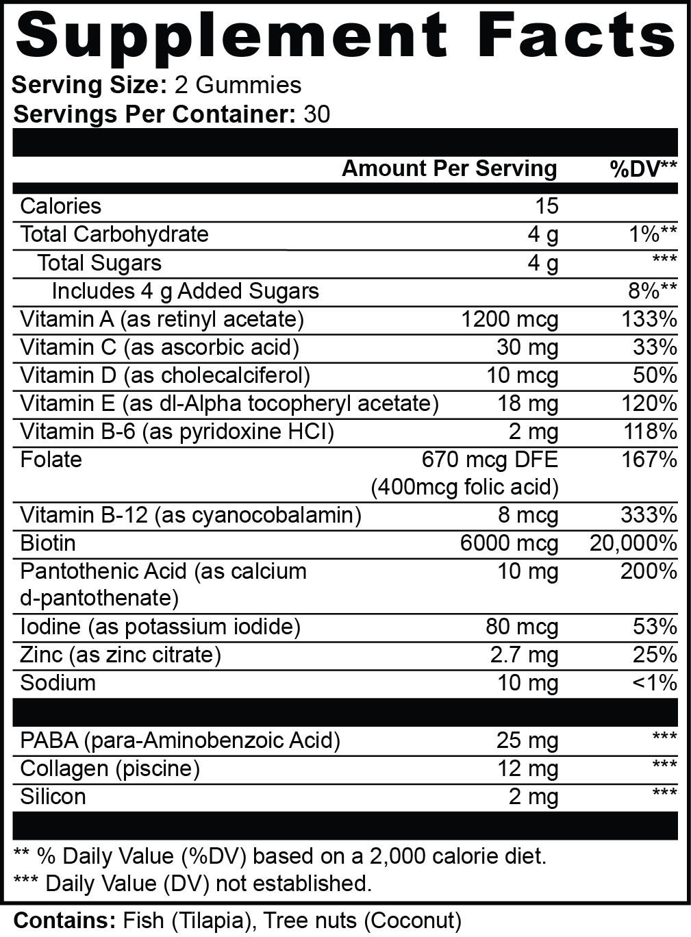 Hair, Skin & Nails Gummies Supplement Facts panel