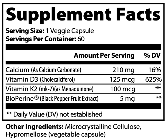 Supplement Facts panel for IKOLLIN Bone & Heart Support: Vitamin D3 125mcg, Vitamin K2 100mcg, Calcium 210mg, BioPerine 5mg per veggie capsule