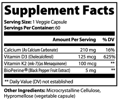 Supplement Facts panel for IKOLLIN Bone & Heart Support: Vitamin D3 125mcg, Vitamin K2 100mcg, Calcium 210mg, BioPerine 5mg per veggie capsule