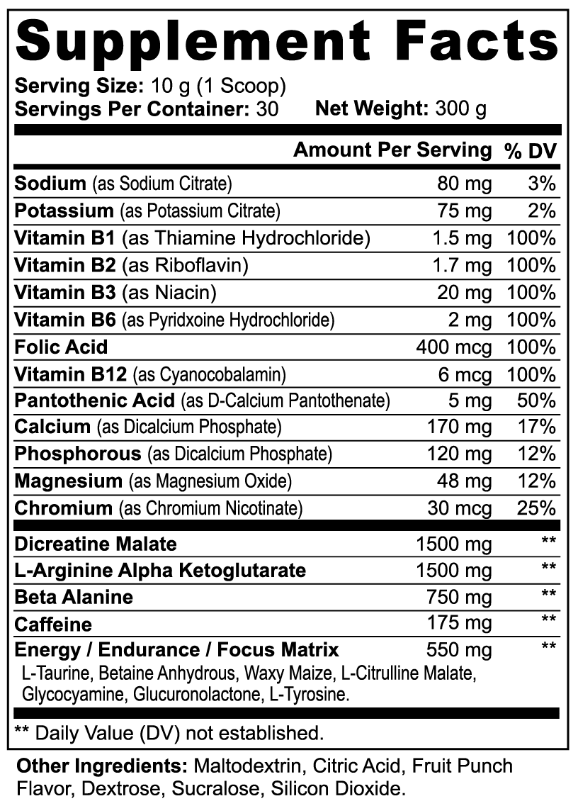  Supplement Facts Nitric Shock Pre-Workout Powder Supplement Facts – 10g serving, 30 servings, Dicreatine Malate 1500mg, Arginine AKG 1500mg, Beta Alanine 750mg, Caffeine 175mg