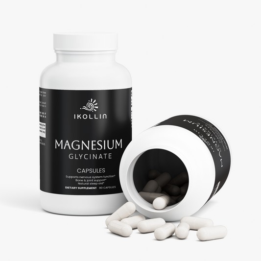 IKOLLIN Magnesium Glycinate Capsules lifestyle shot showing 275mg elemental magnesium per serving