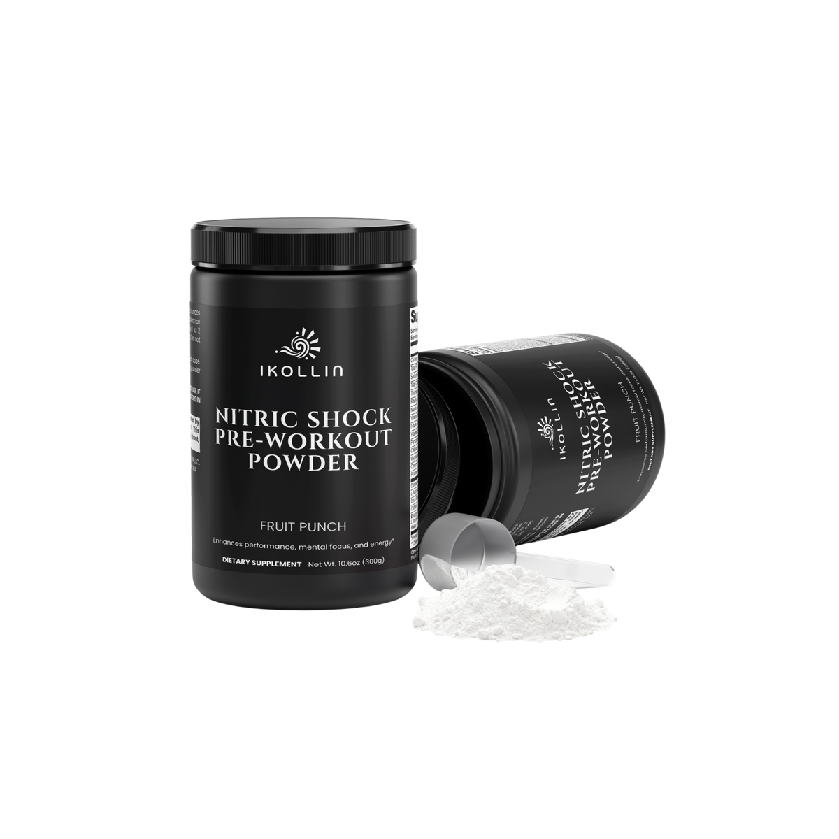 IKOLLIN Nitric Shock Pre-Workout Powder upright bottle with second container on its side and scoop with powder, white background