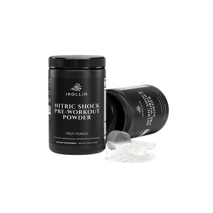 IKOLLIN Nitric Shock Pre-Workout Powder upright bottle with second container on its side and scoop with powder, white background